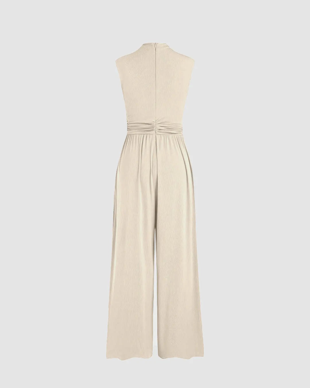 Round Neckline Solid Pleated Jumpsuit In Apricot