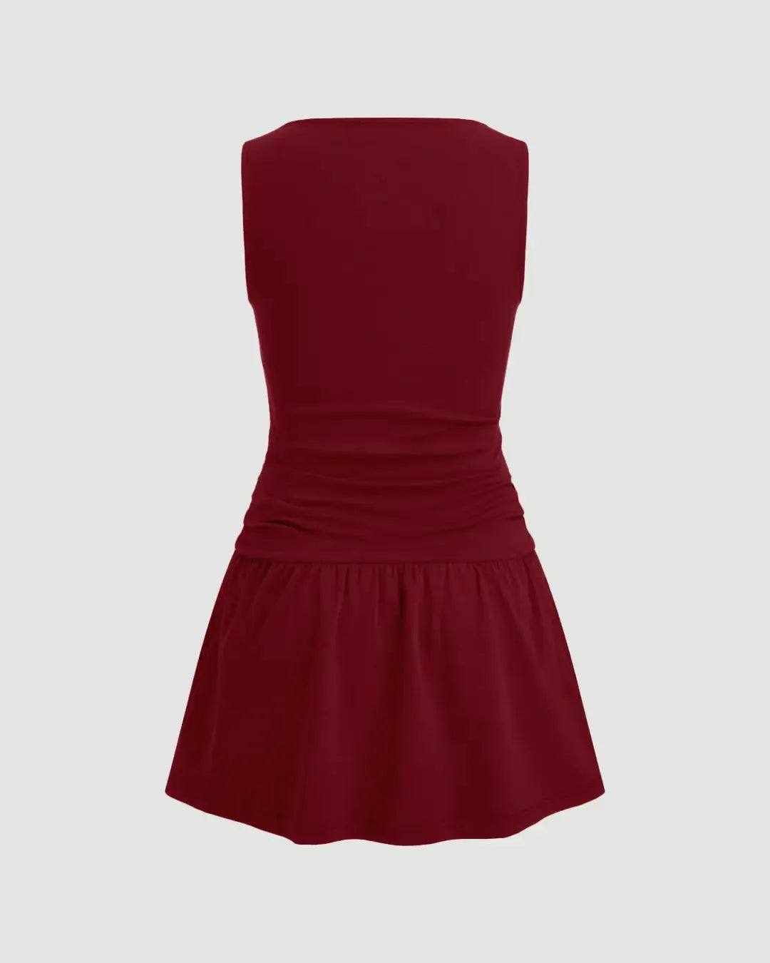 Round Neckline Solid Ruched Ruffle Hem Mini Cami Dress In Maroon