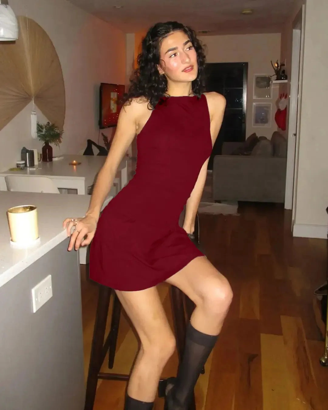Round Neckline Solid Ruched Ruffle Hem Mini Cami Dress In Maroon
