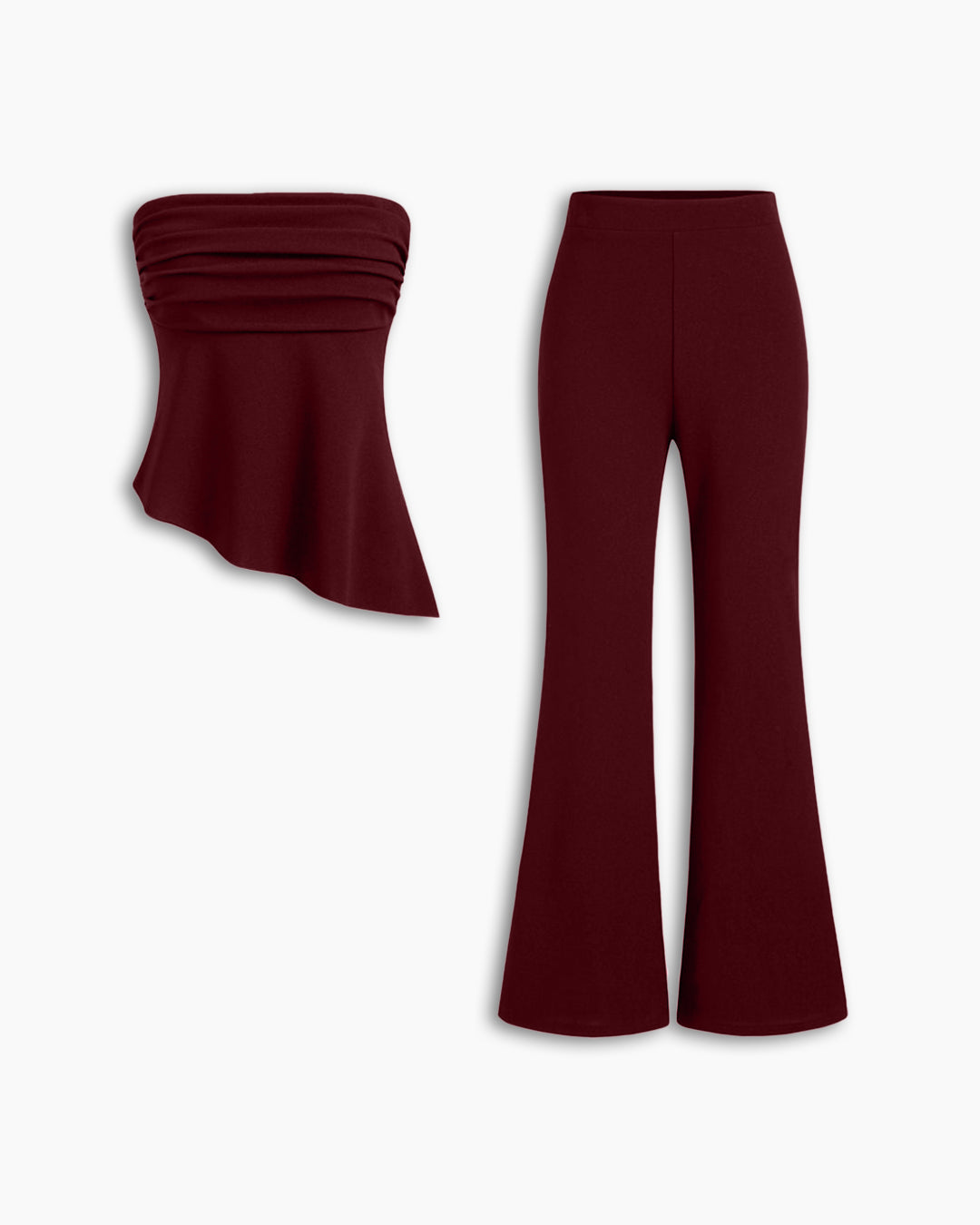 Ruched Asymmetrical Hem Bandeau Top & Mid Rise Flared Trousers Set In Merlot