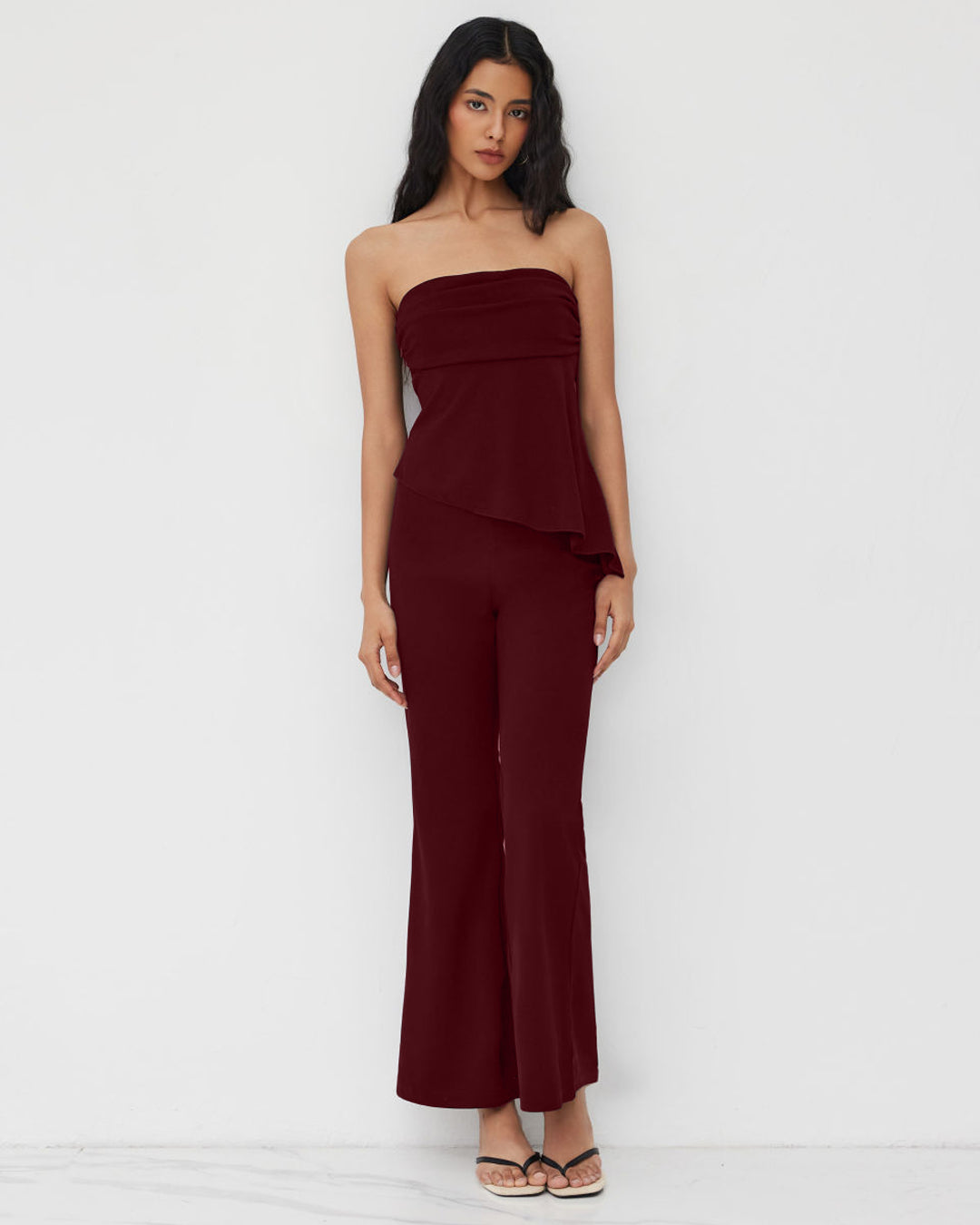 Ruched Asymmetrical Hem Bandeau Top & Mid Rise Flared Trousers Set In Merlot