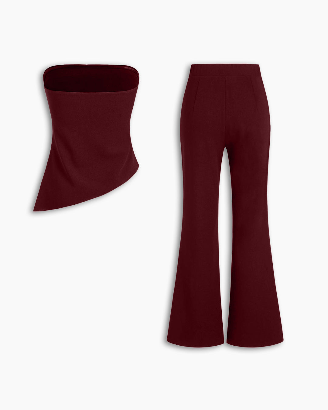 Ruched Asymmetrical Hem Bandeau Top & Mid Rise Flared Trousers Set In Merlot