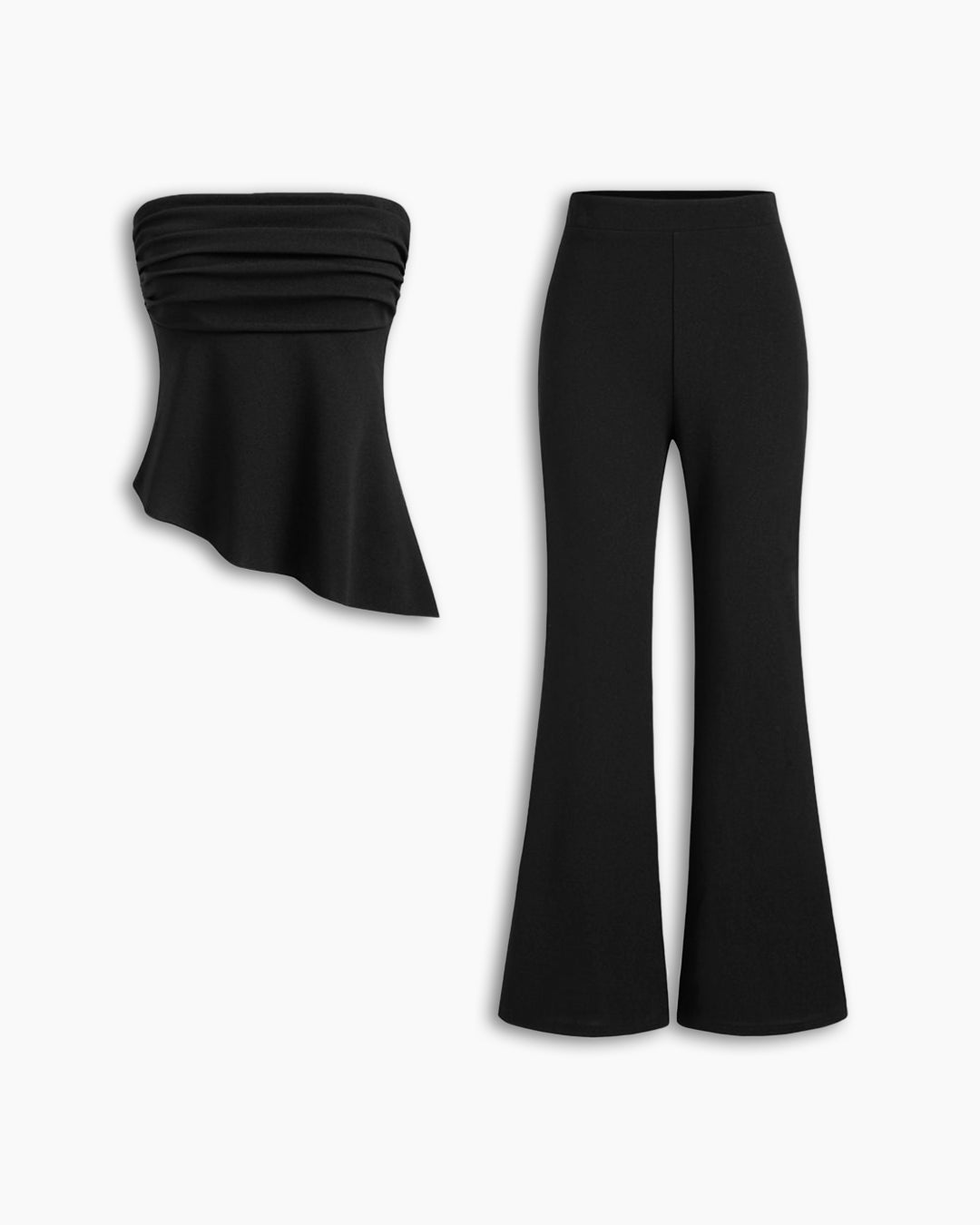 Ruched Asymmetrical Hem Bandeau Top & Mid Rise Flared Trousers Set in Classic Black