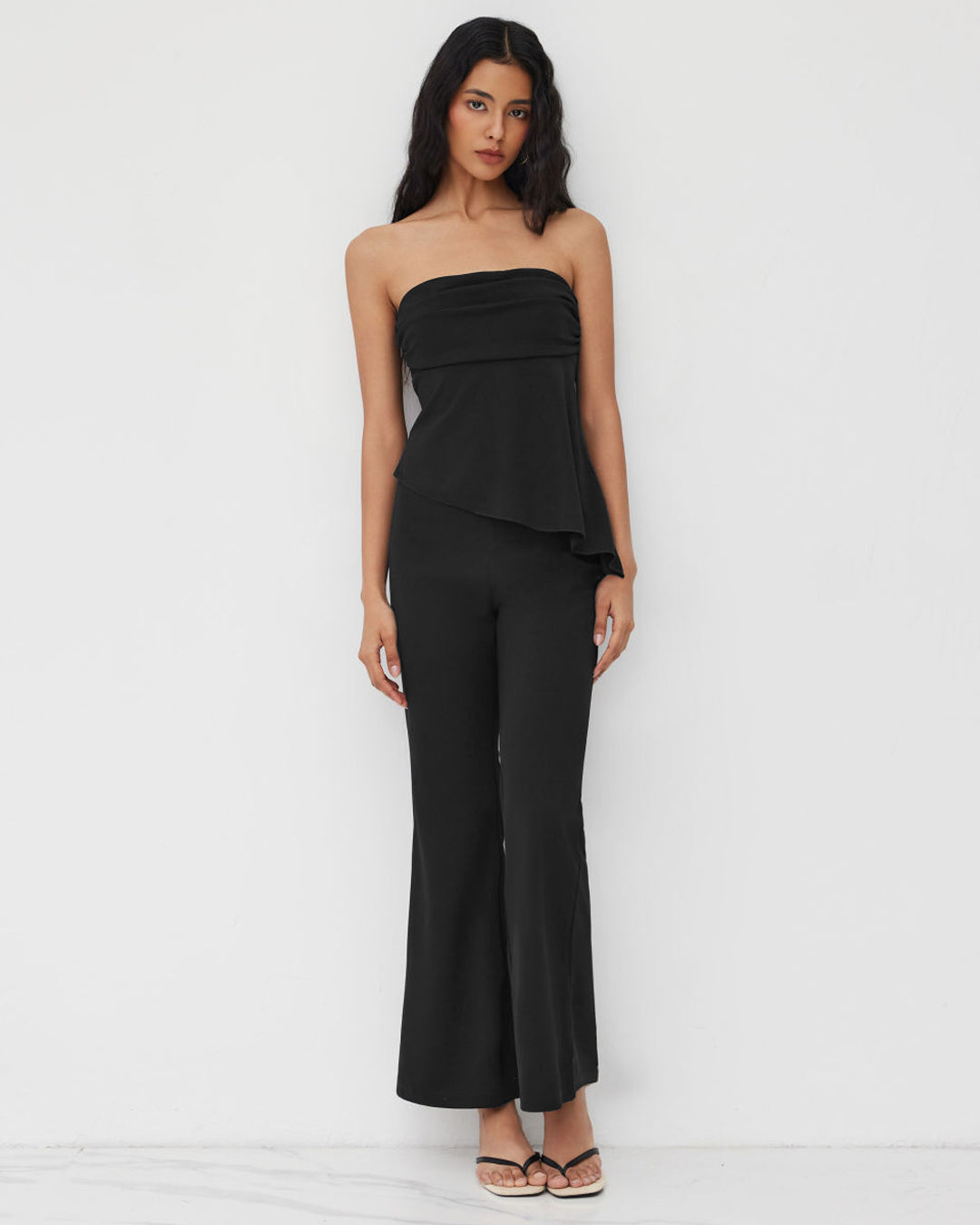 Ruched Asymmetrical Hem Bandeau Top & Mid Rise Flared Trousers Set in Classic Black
