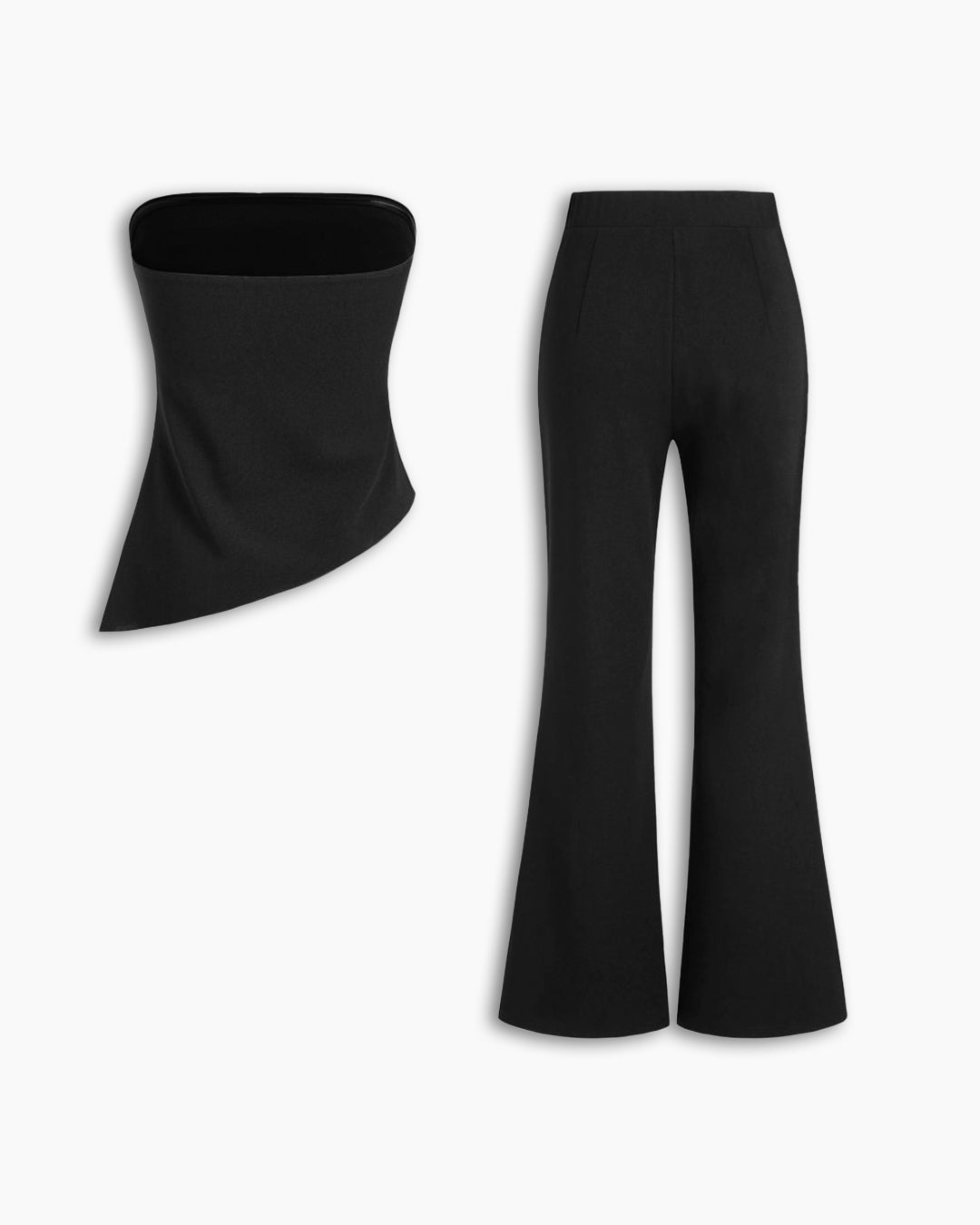 Ruched Asymmetrical Hem Bandeau Top & Mid Rise Flared Trousers Set in Classic Black