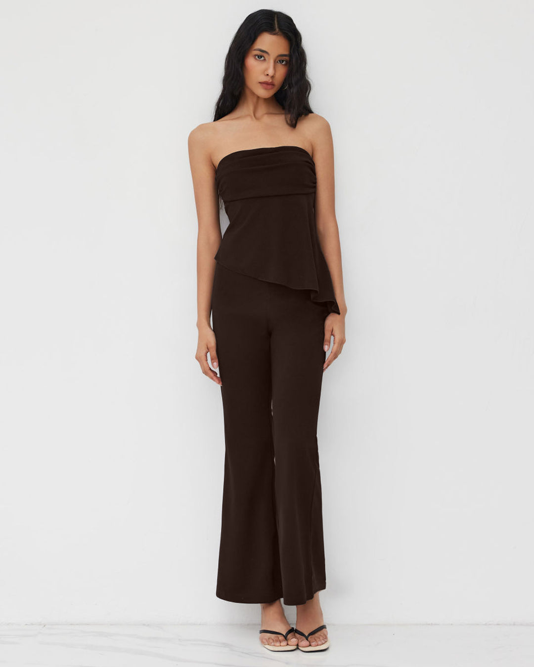 Ruched Asymmetrical Hem Bandeau Top & Mid Rise Flared Trousers Set in Coffee Brown