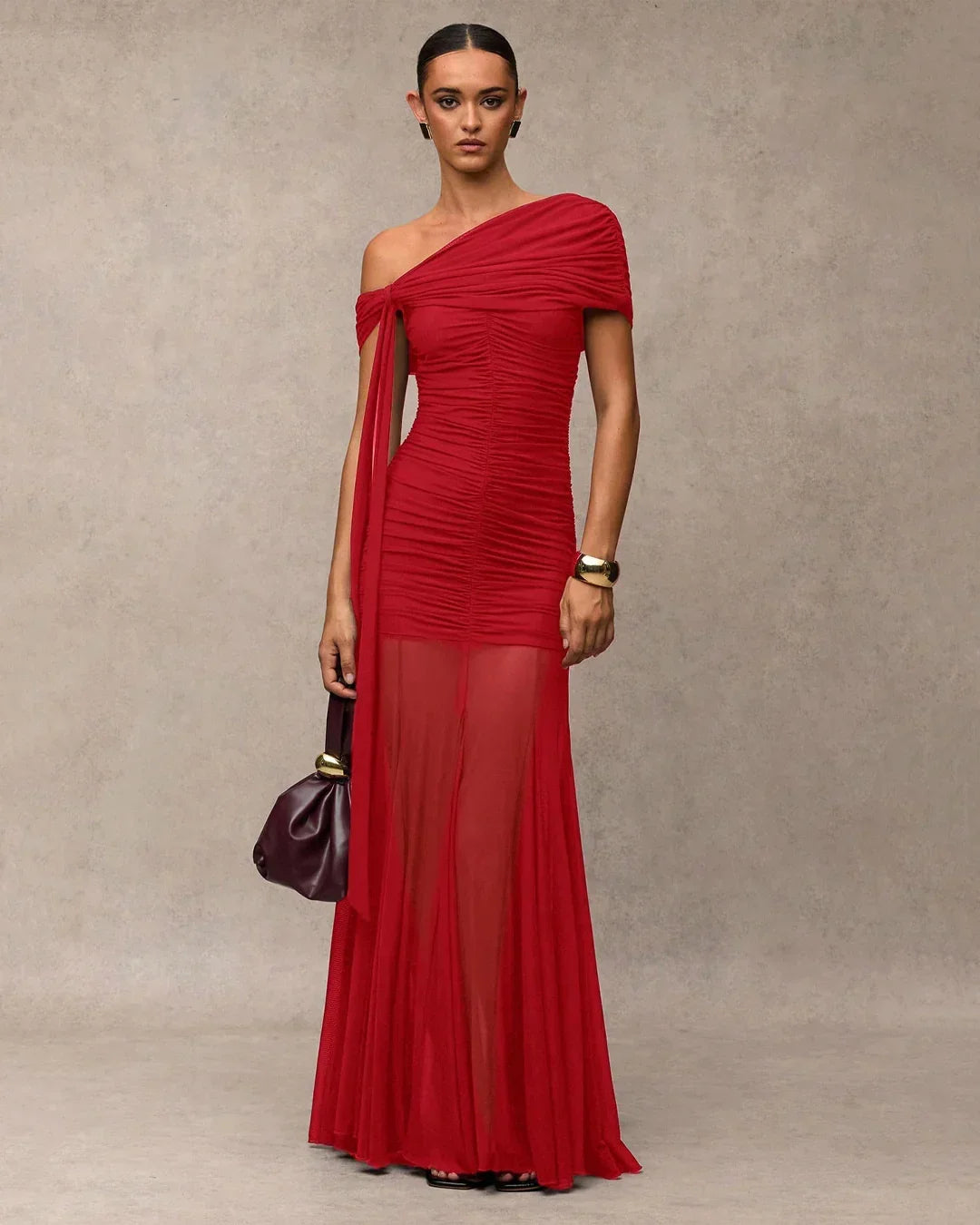 Ruched Asymmetrical Sleeve Maxi Dress in Red