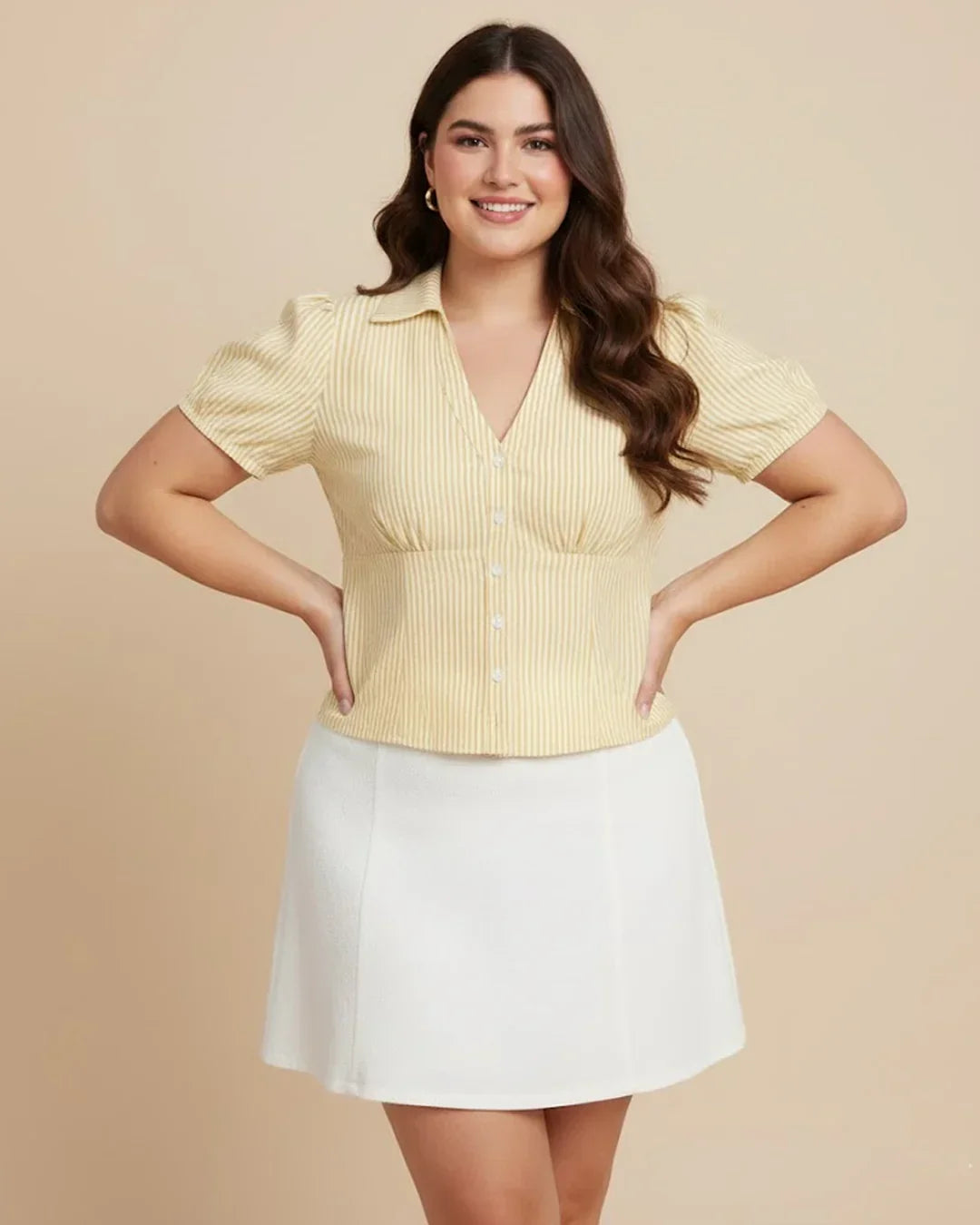 Ruched Button Down Puff Sleeve Top in Yellow Curve & Plus