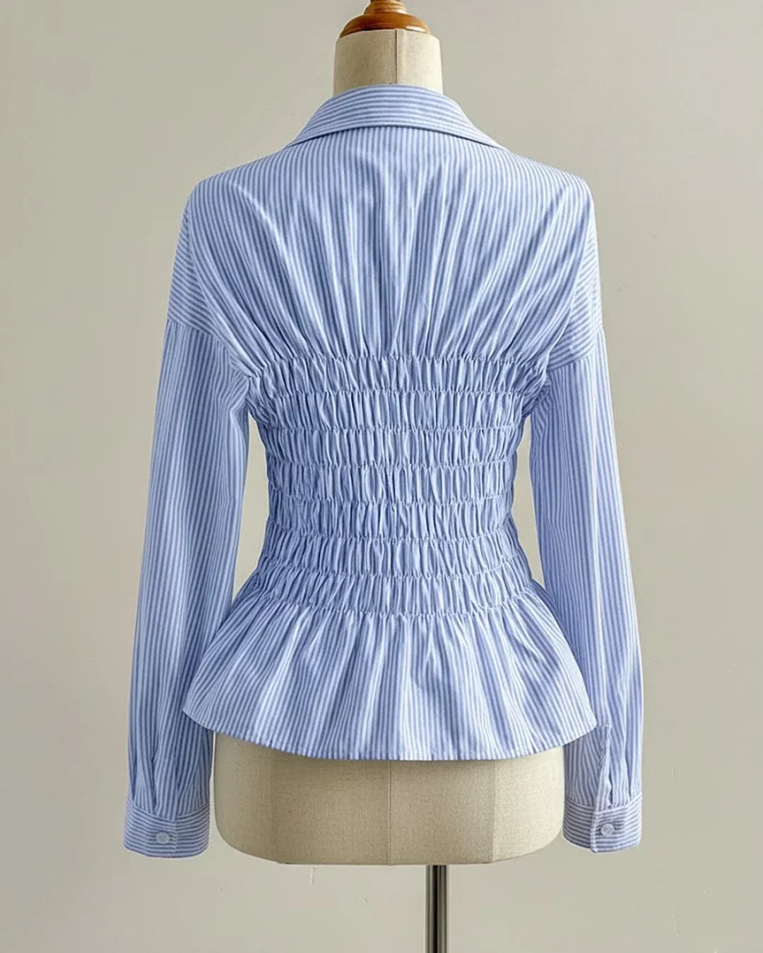 Ruched Collared Button Front Full Sleeve Top in Blue