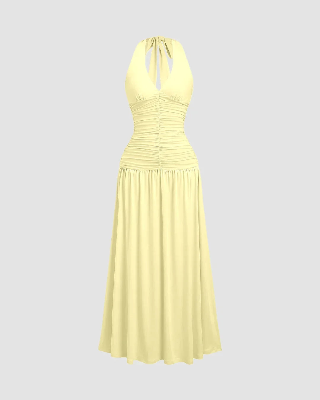 Ruched Halter Neck Backless Midi Dress in Vanilla