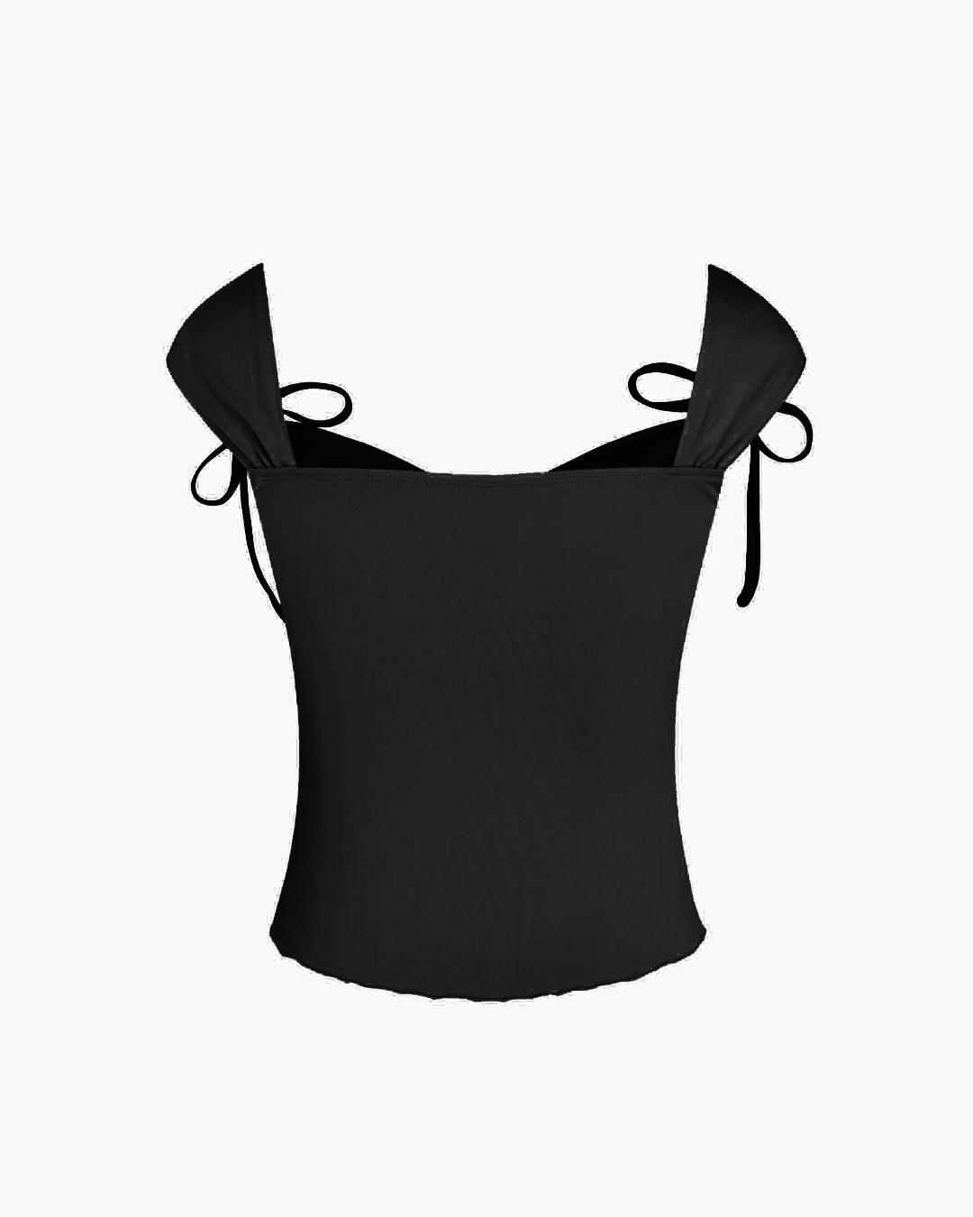 Ruched Lettuce Trim Bowknot Crop Cami Top In Black