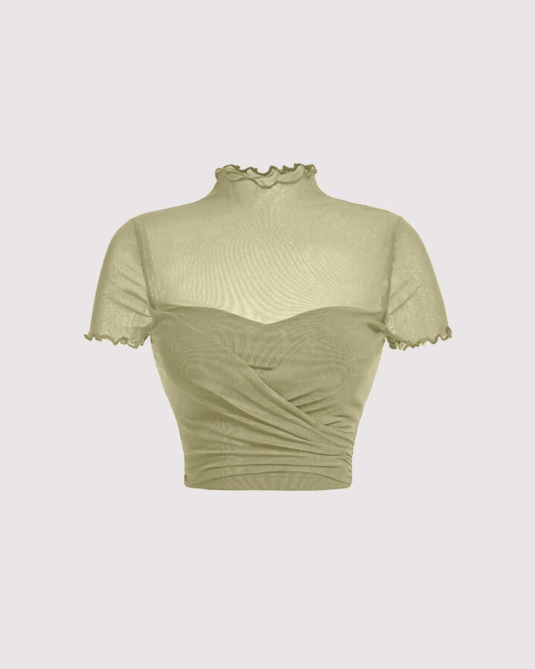 Ruched Lettuce Trim Green Mesh Crop Top