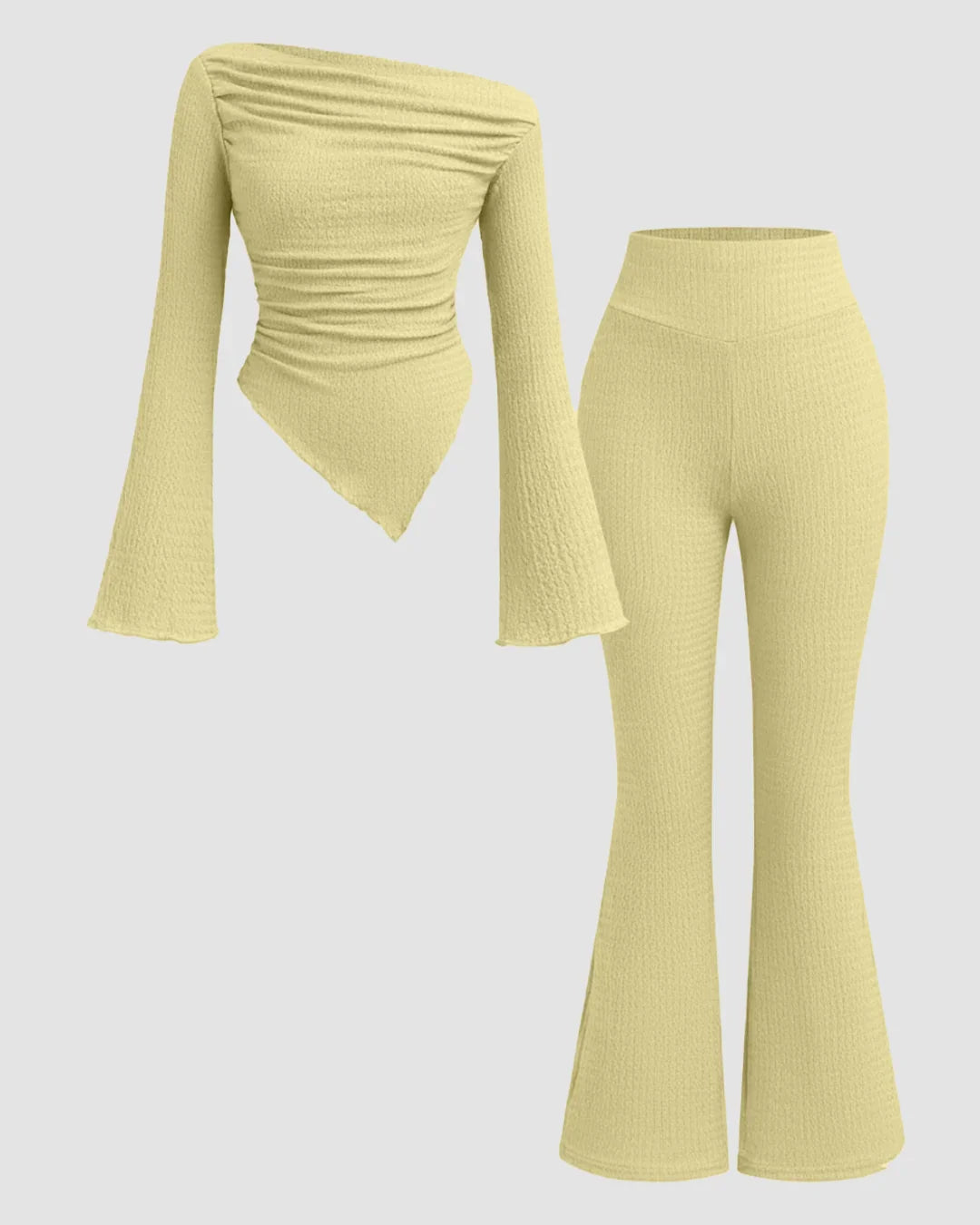 Ruched Long Sleeve Fitted Knit Top and Flare Pants Two Piece Set in French Vanilla