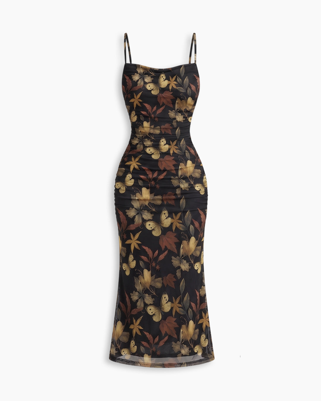 Ruched Mesh Bodycon Midi Dress With Butterfly Floral Print And Spaghetti Straps in Classic Black