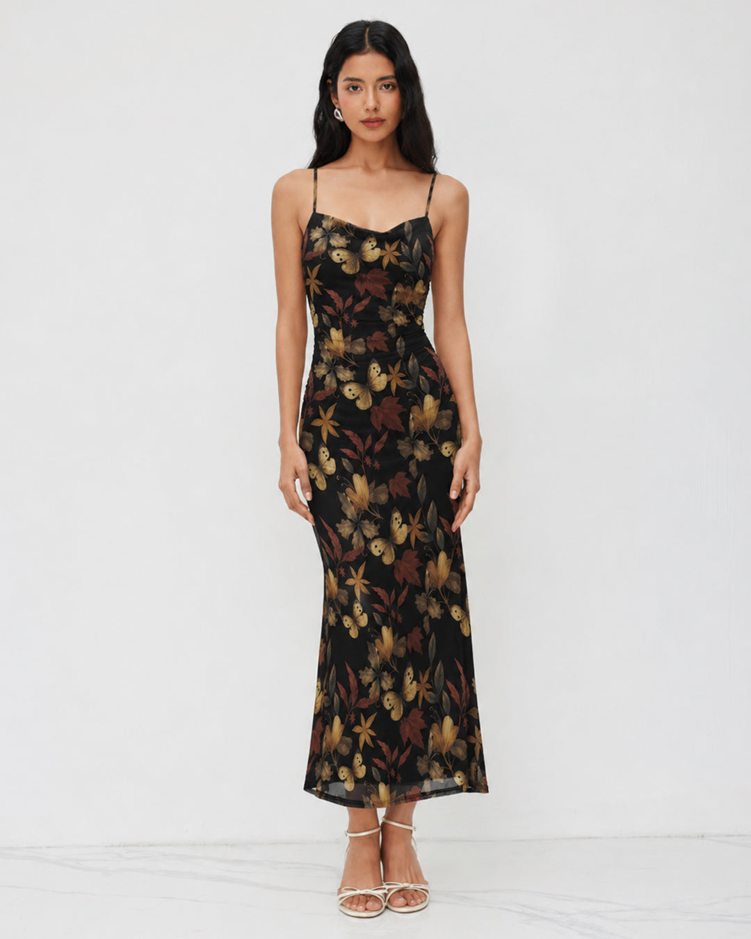 Ruched Mesh Bodycon Midi Dress With Butterfly Floral Print And Spaghetti Straps in Classic Black