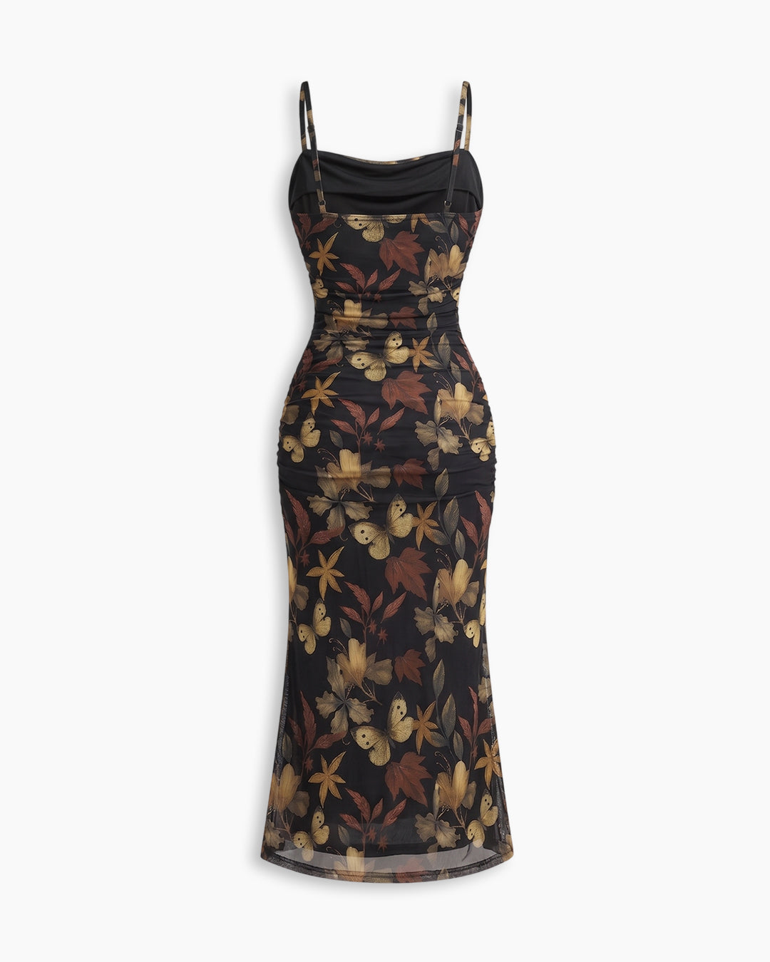 Ruched Mesh Bodycon Midi Dress With Butterfly Floral Print And Spaghetti Straps in Classic Black