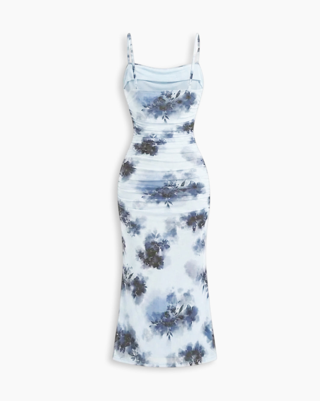 Ruched Mesh Bodycon Midi Dress With Floral Print And Spaghetti Straps in Dusty Blue