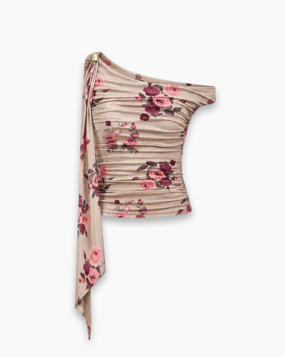 Ruched Off-shoulder floral Top in Sand Beige
