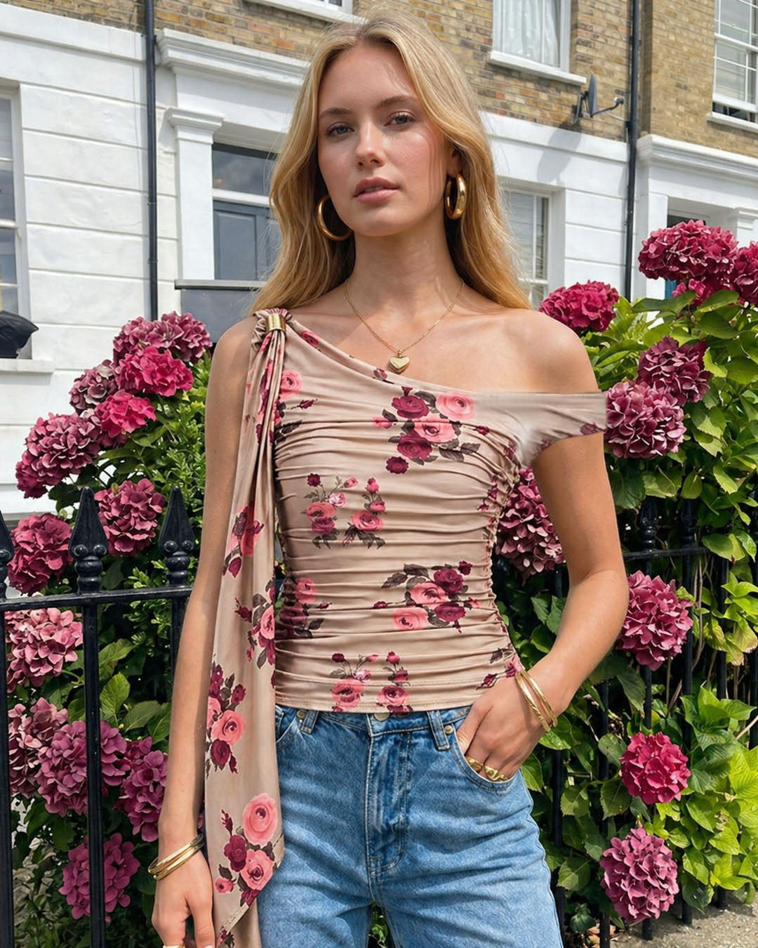 Ruched Off-shoulder floral Top in Sand Beige