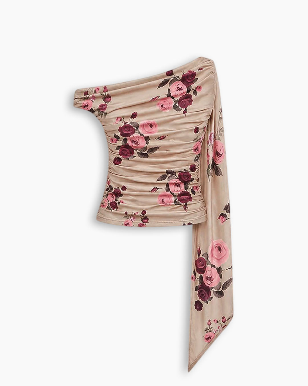 Ruched Off-shoulder floral Top in Sand Beige