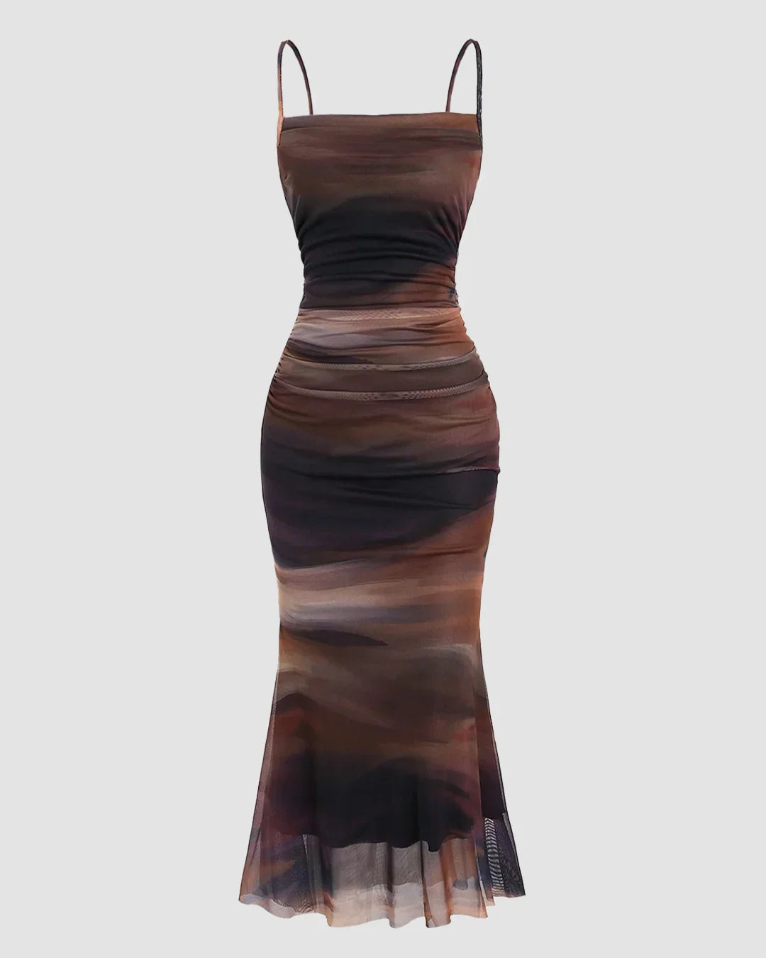 Ruched Sheer Mesh Mermaid Hem Dress