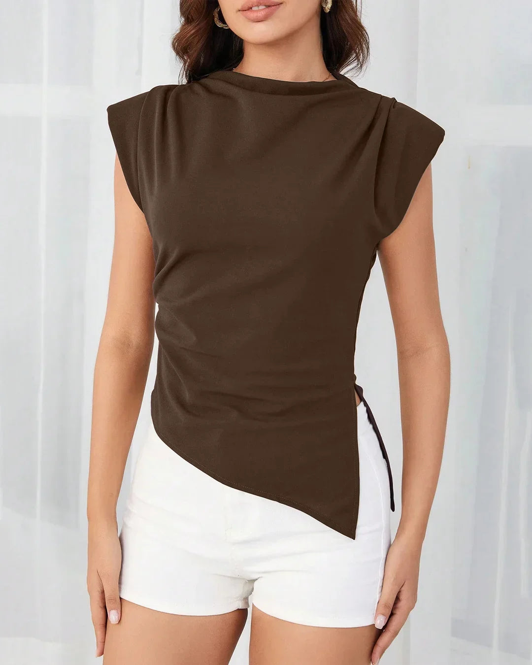 Ruched Side Cap Sleeve Top in Brown