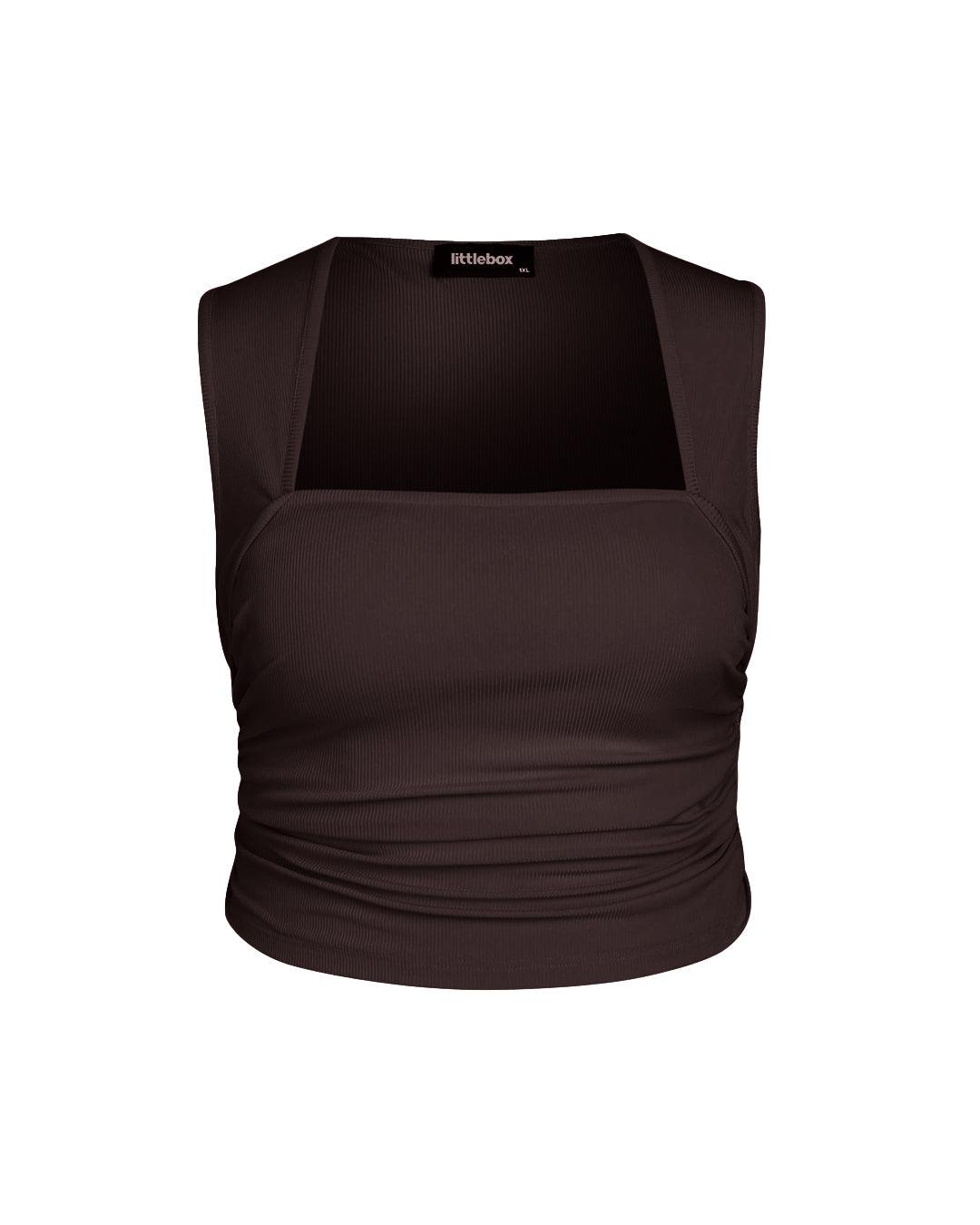 Ruched Square Neck Chocolate Brown Crop Top Curve & Plus