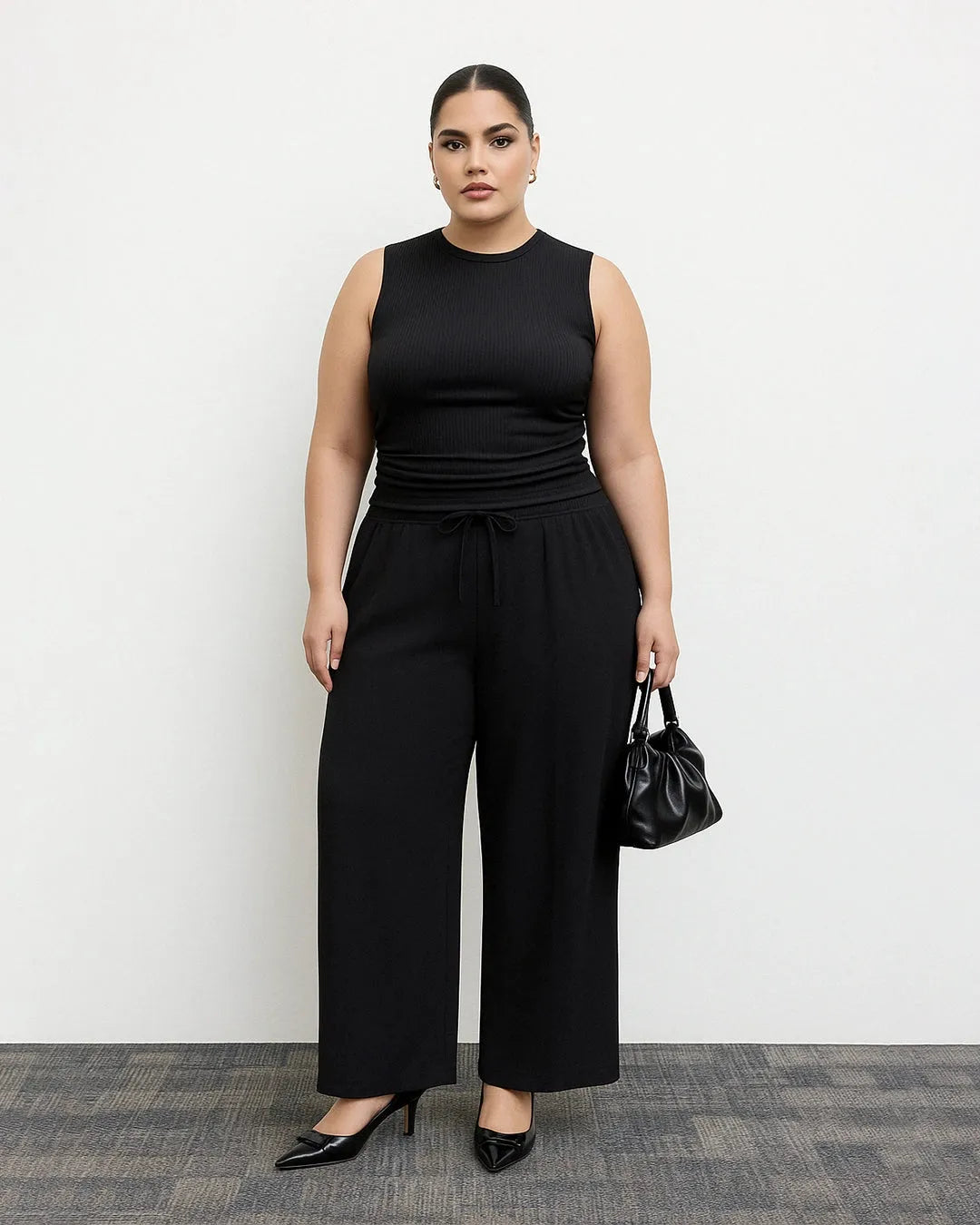 Ruched Tank Top And Elastic Waist Tie Black Set Curve & Plus