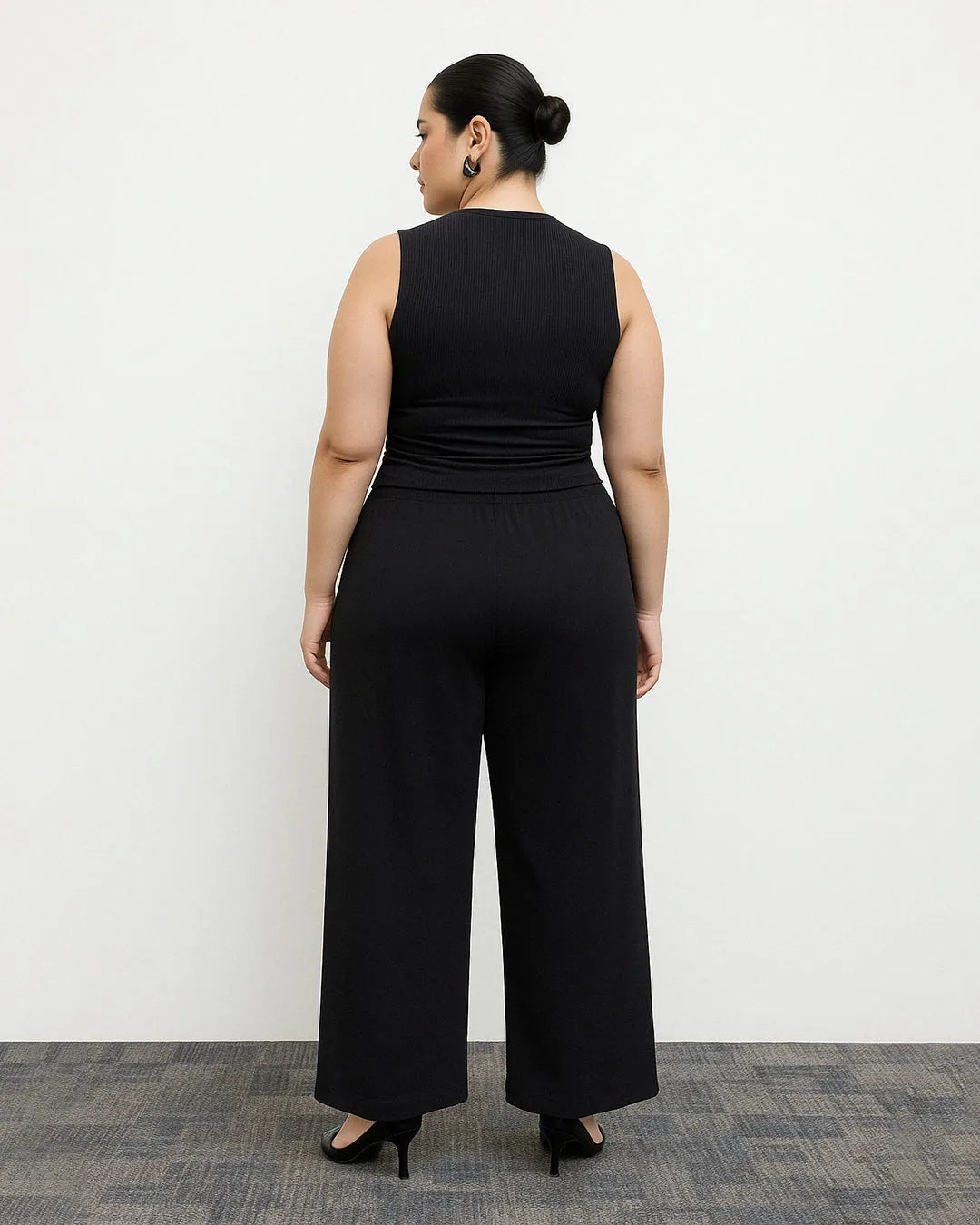 Ruched Tank Top And Elastic Waist Tie Black Set Curve & Plus