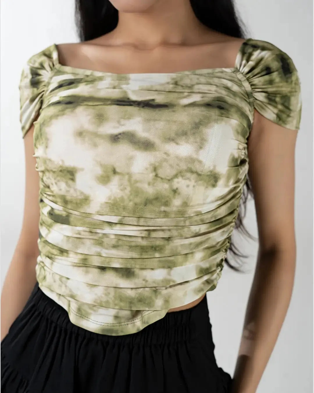 Ruched Tie-Dye Off-Shoulder Puff Sleeve Top