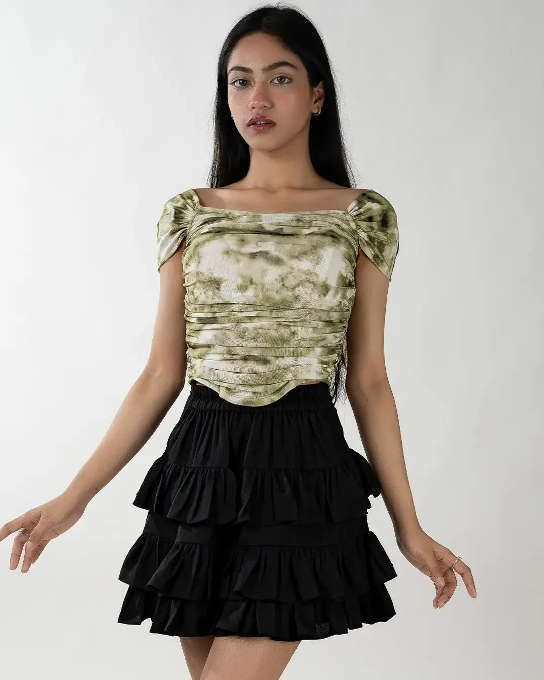 Ruched Tie-Dye Off-Shoulder Puff Sleeve Top