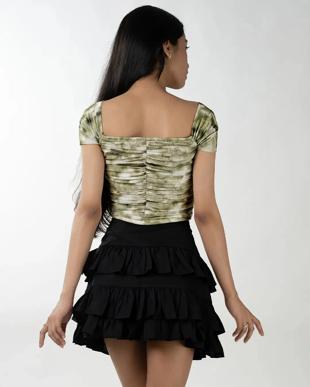 Ruched Tie-Dye Off-Shoulder Puff Sleeve Top