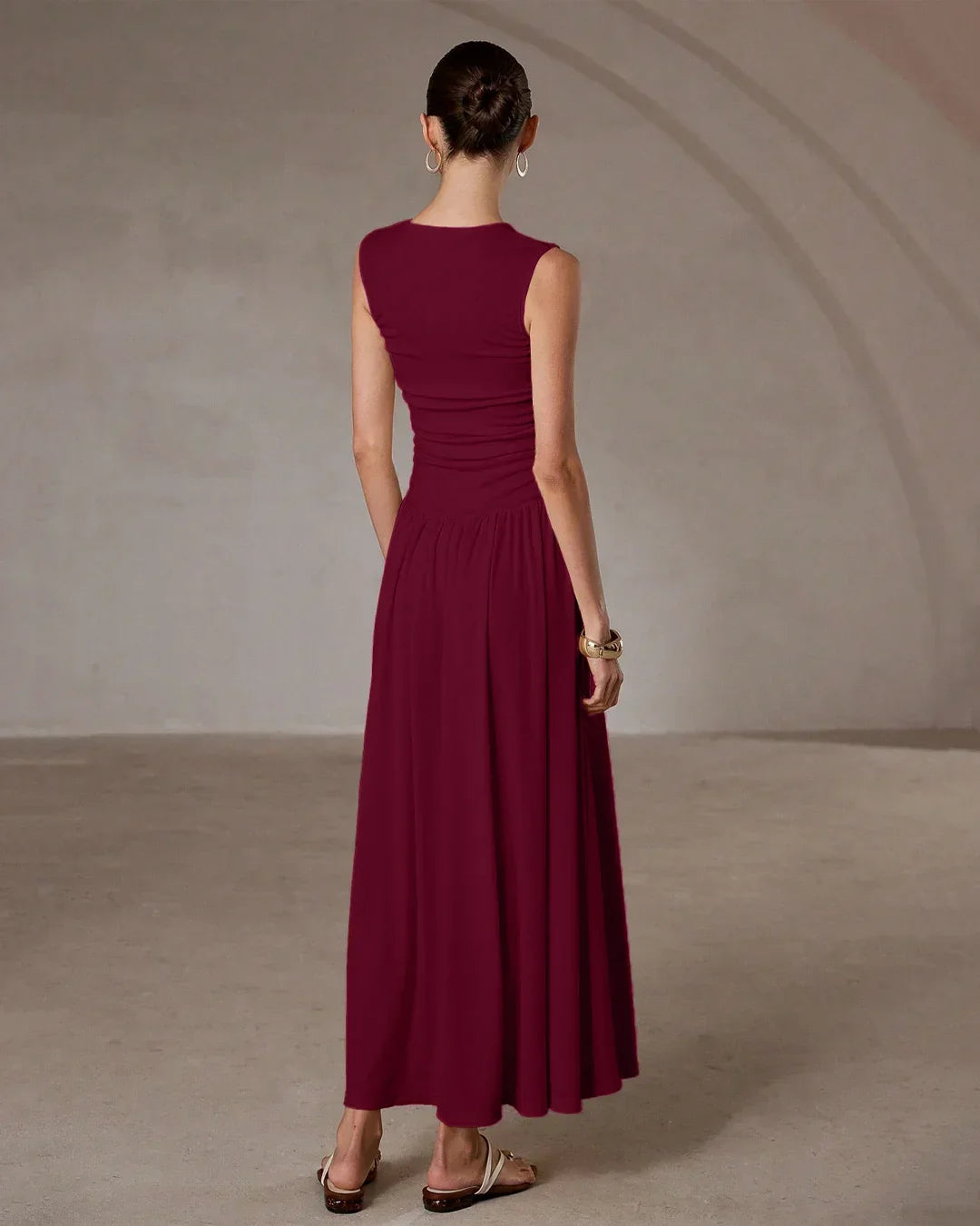 Ruched Waist Sleeveless Burgundy Maxi Dress