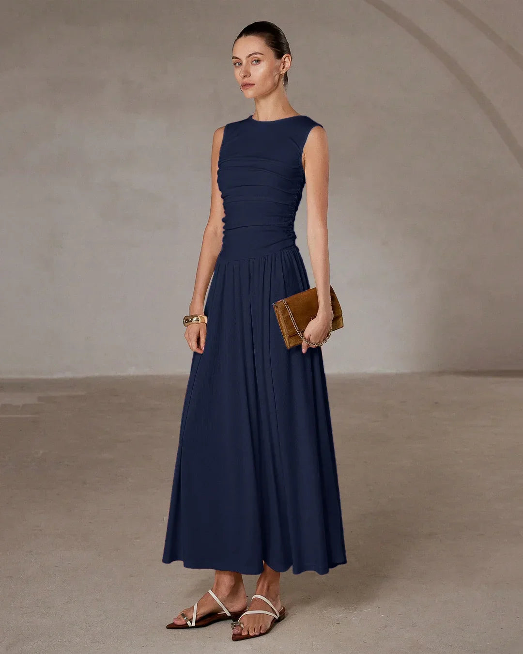 Ruched Waist Sleeveless Navy Blue Maxi Dress