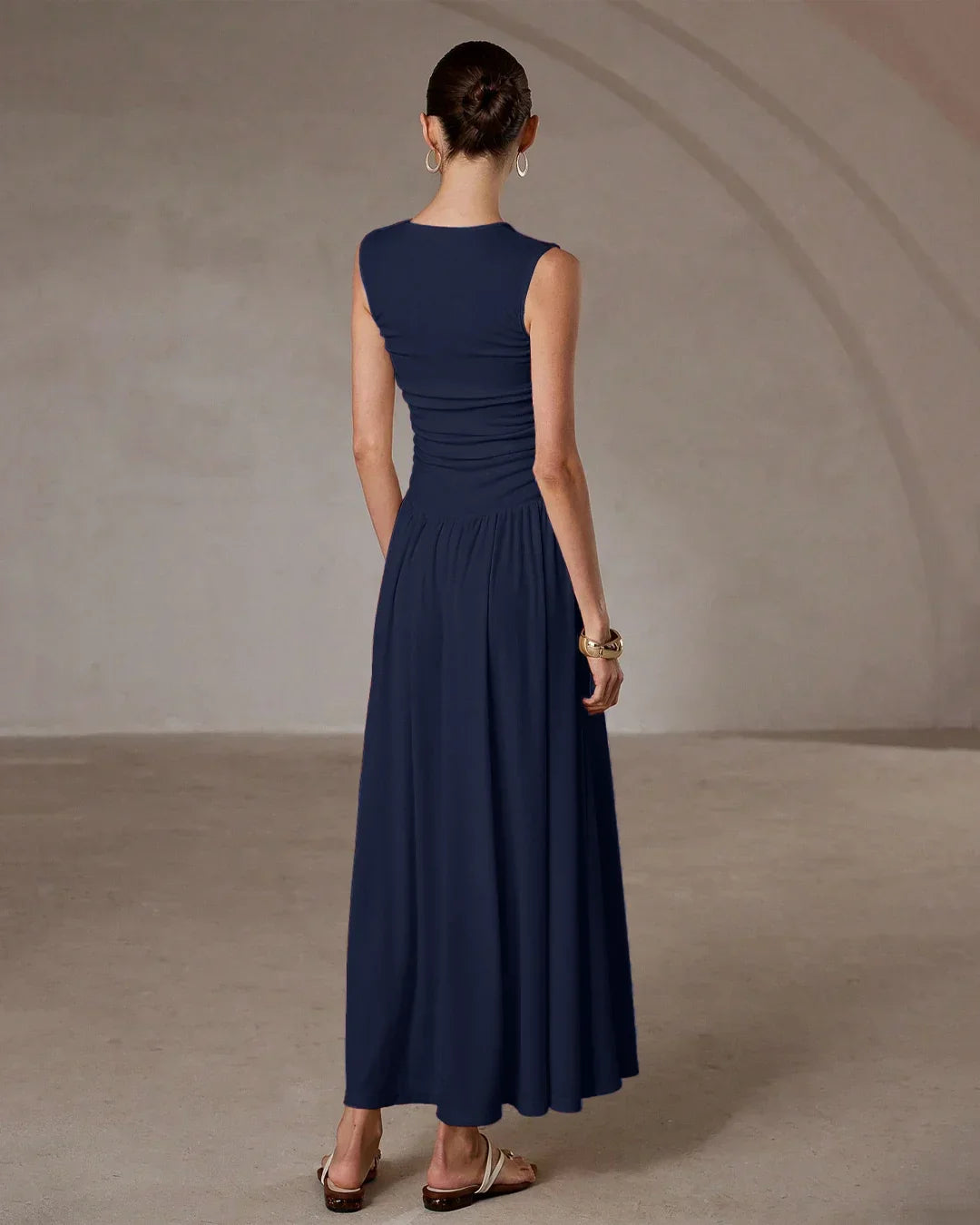 Ruched Waist Sleeveless Navy Blue Maxi Dress