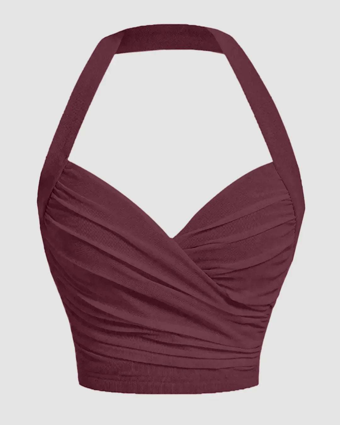Ruched Wrap Front Halter Top in Maroon