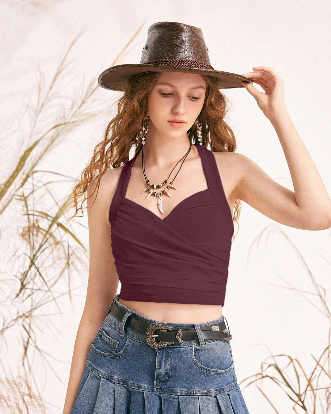 Ruched Wrap Front Halter Top in Maroon