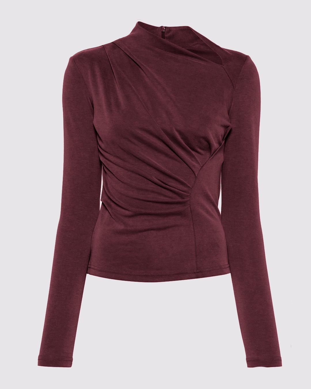 Ruched Zipper Asymmetry Neck Long Sleeve Top In Cherry Red
