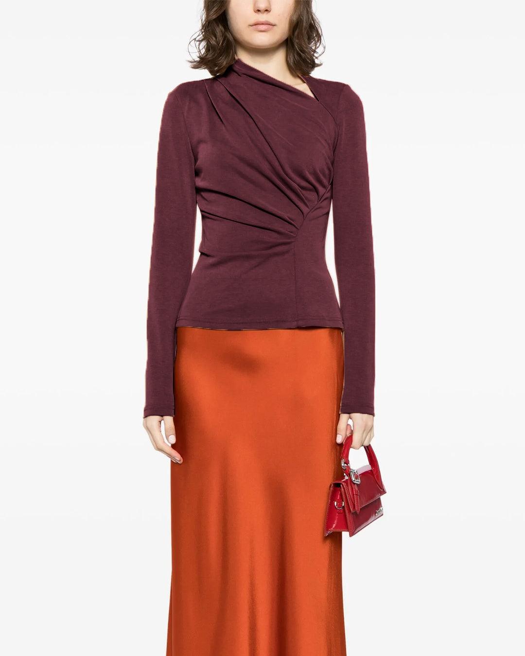 Ruched Zipper Asymmetry Neck Long Sleeve Top In Cherry Red