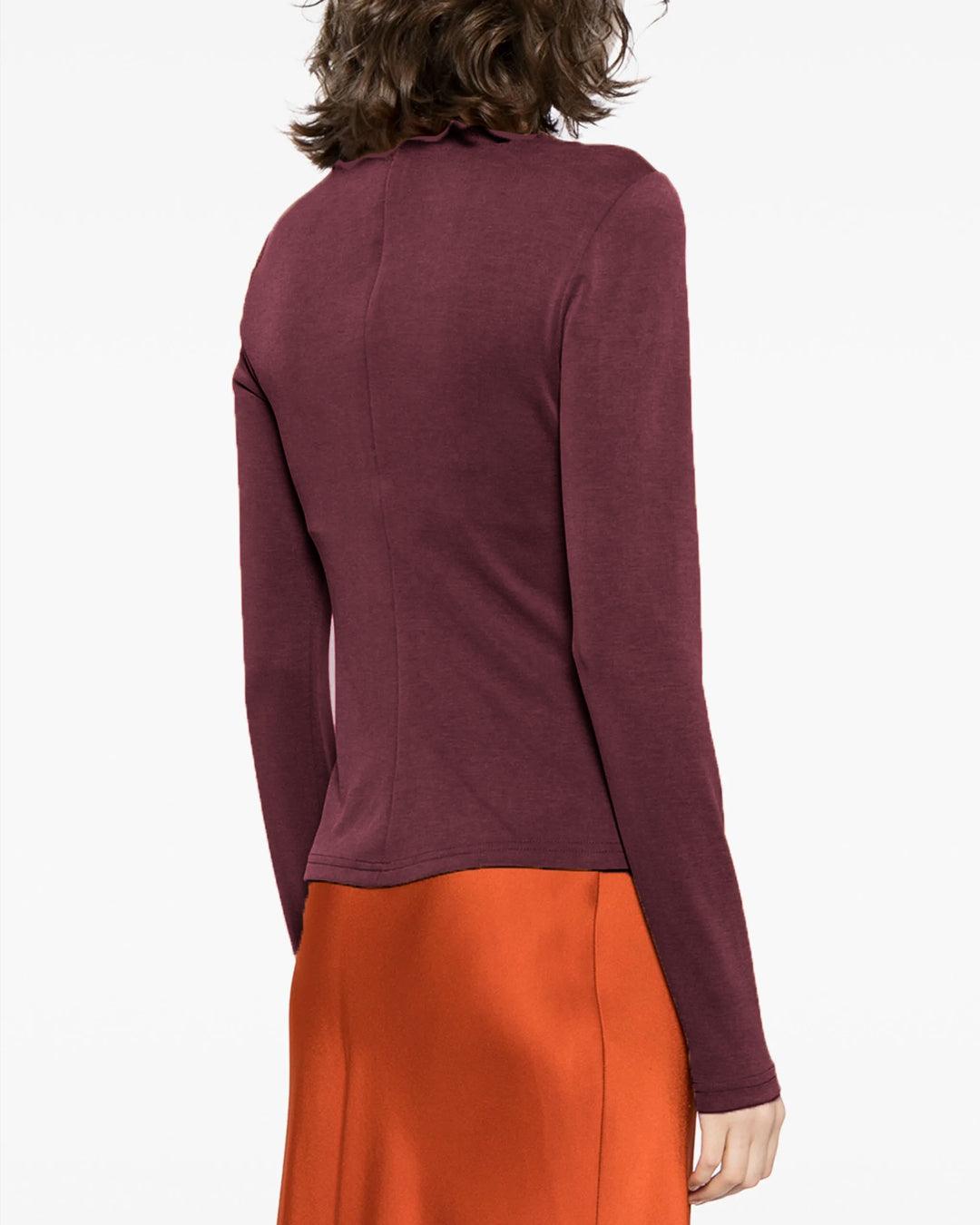 Ruched Zipper Asymmetry Neck Long Sleeve Top In Cherry Red
