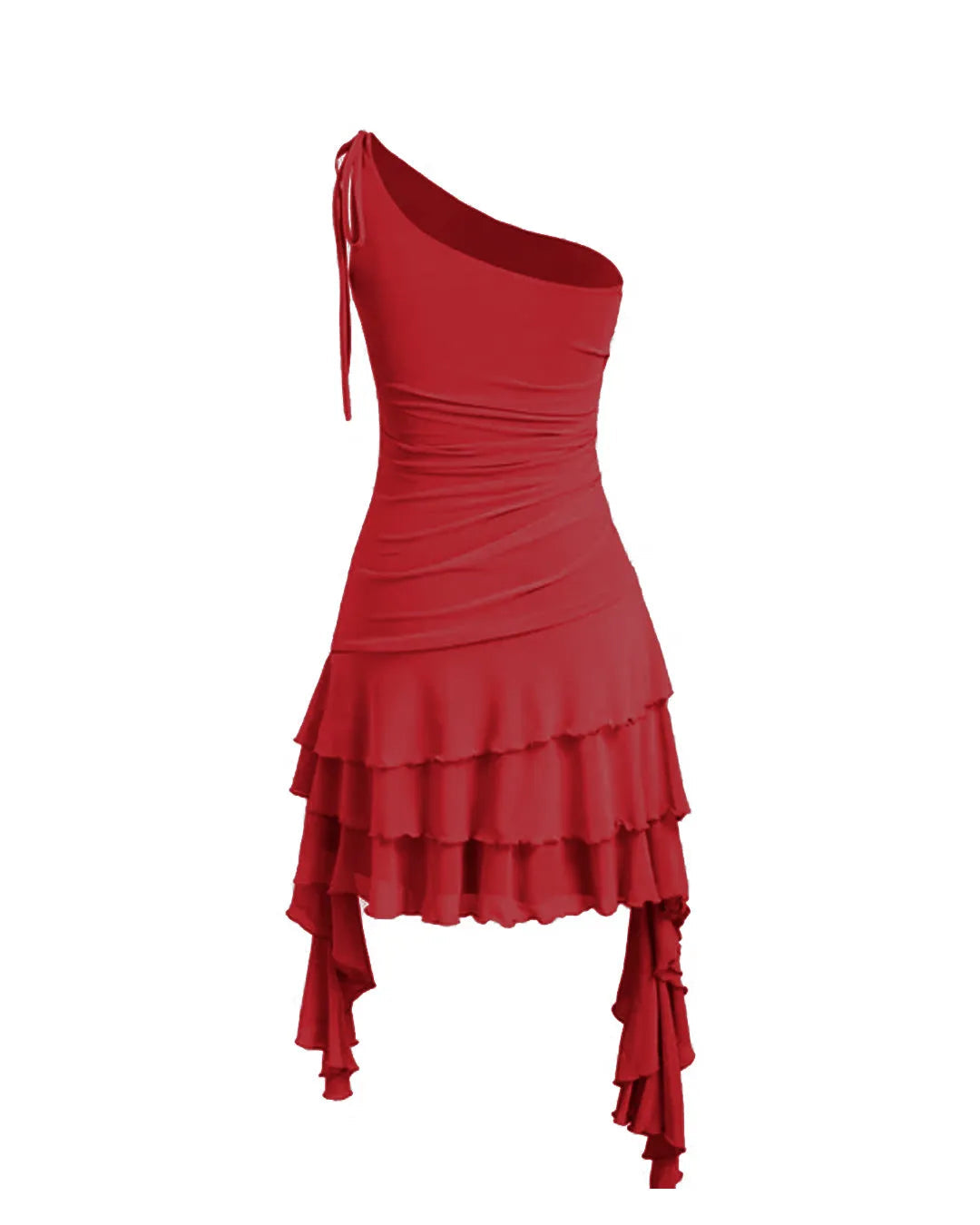 Ruffle Trimmed Asymmetrical One Shoulder Red Mini Dress