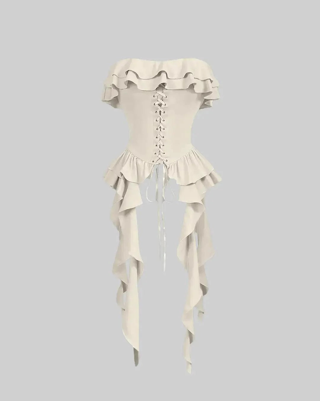 Ruffled Lace up Bandeau Off-White Crop Top