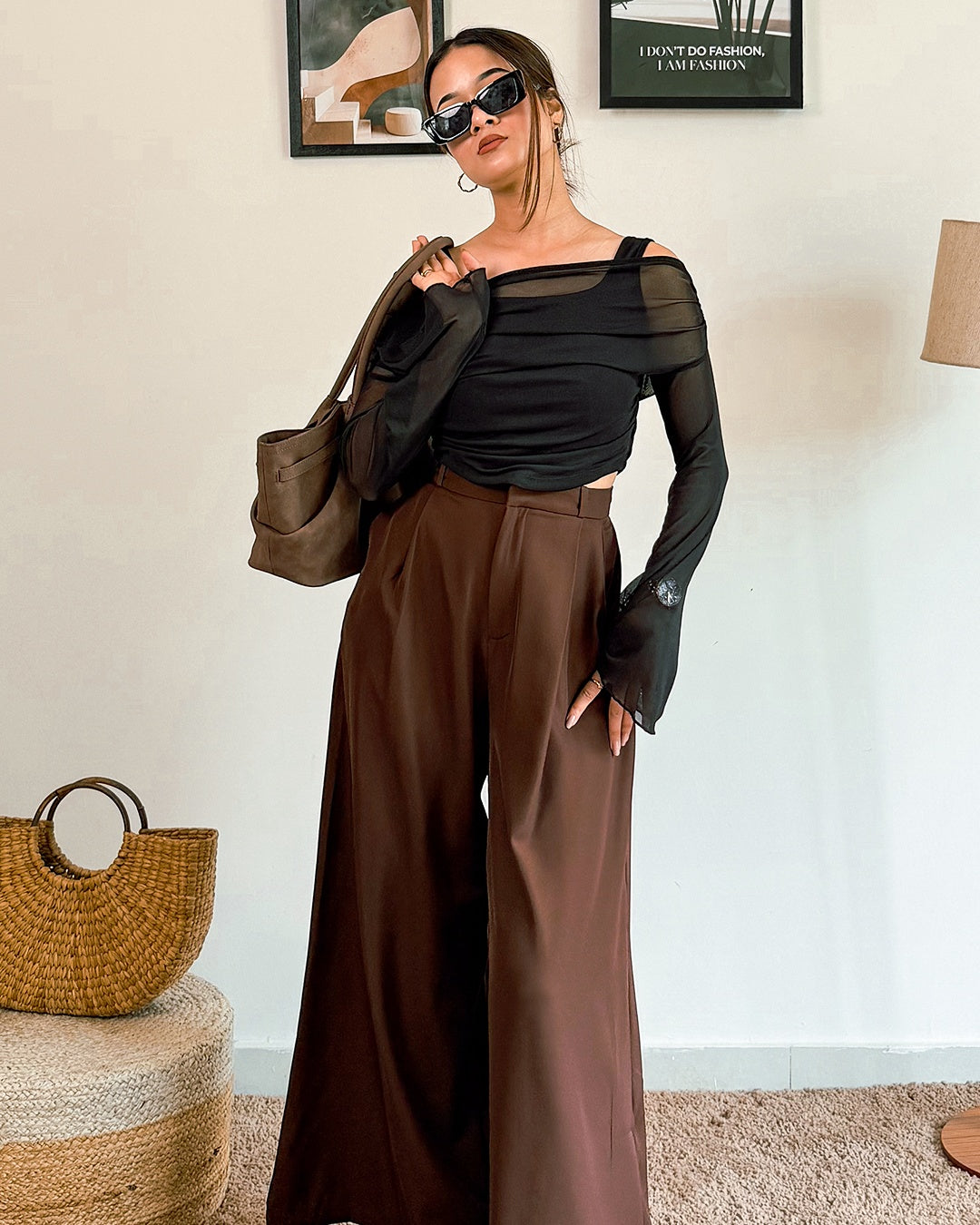 Rust High-Waist Pleated Wide-Leg Flowy Trousers