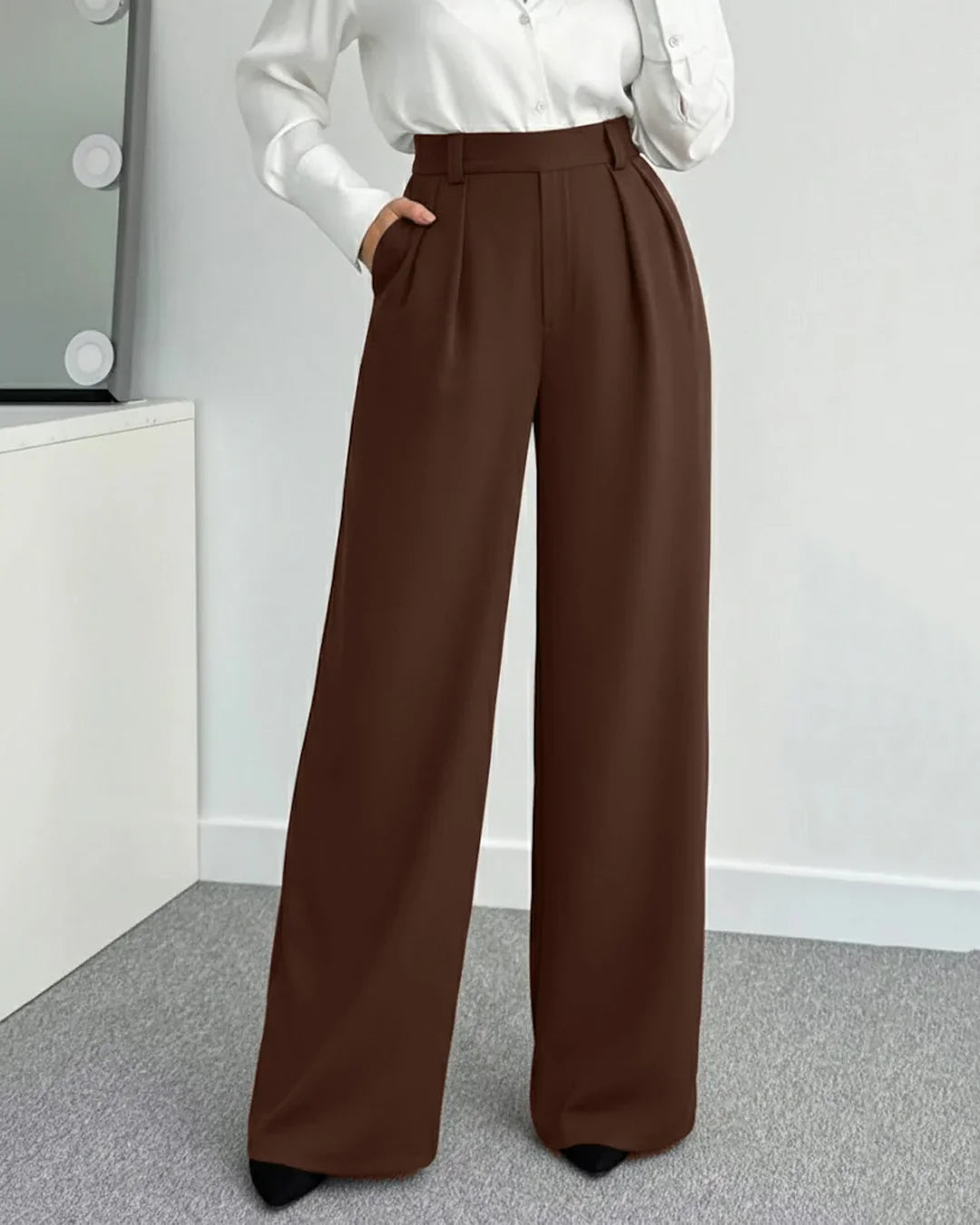 Rust High-Waist Pleated Wide-Leg Flowy Trousers