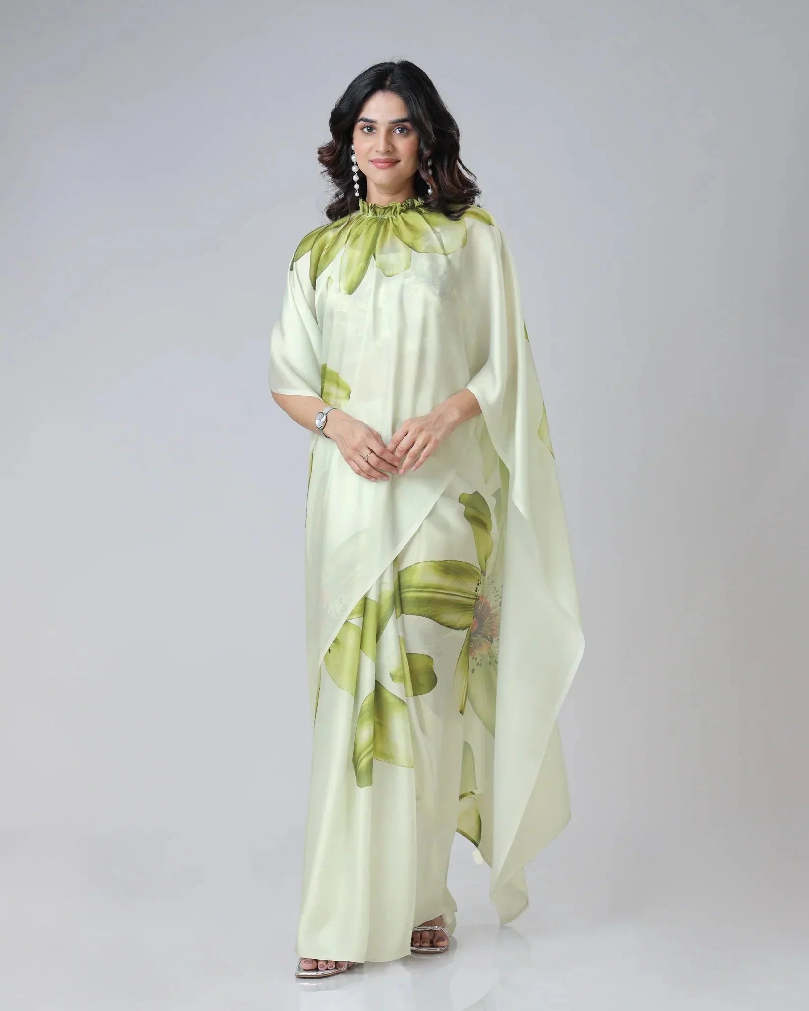 Mint Bloom Designer Freehand Floral Print Saree in Georgette Satin – Ready to Wear Elegance
