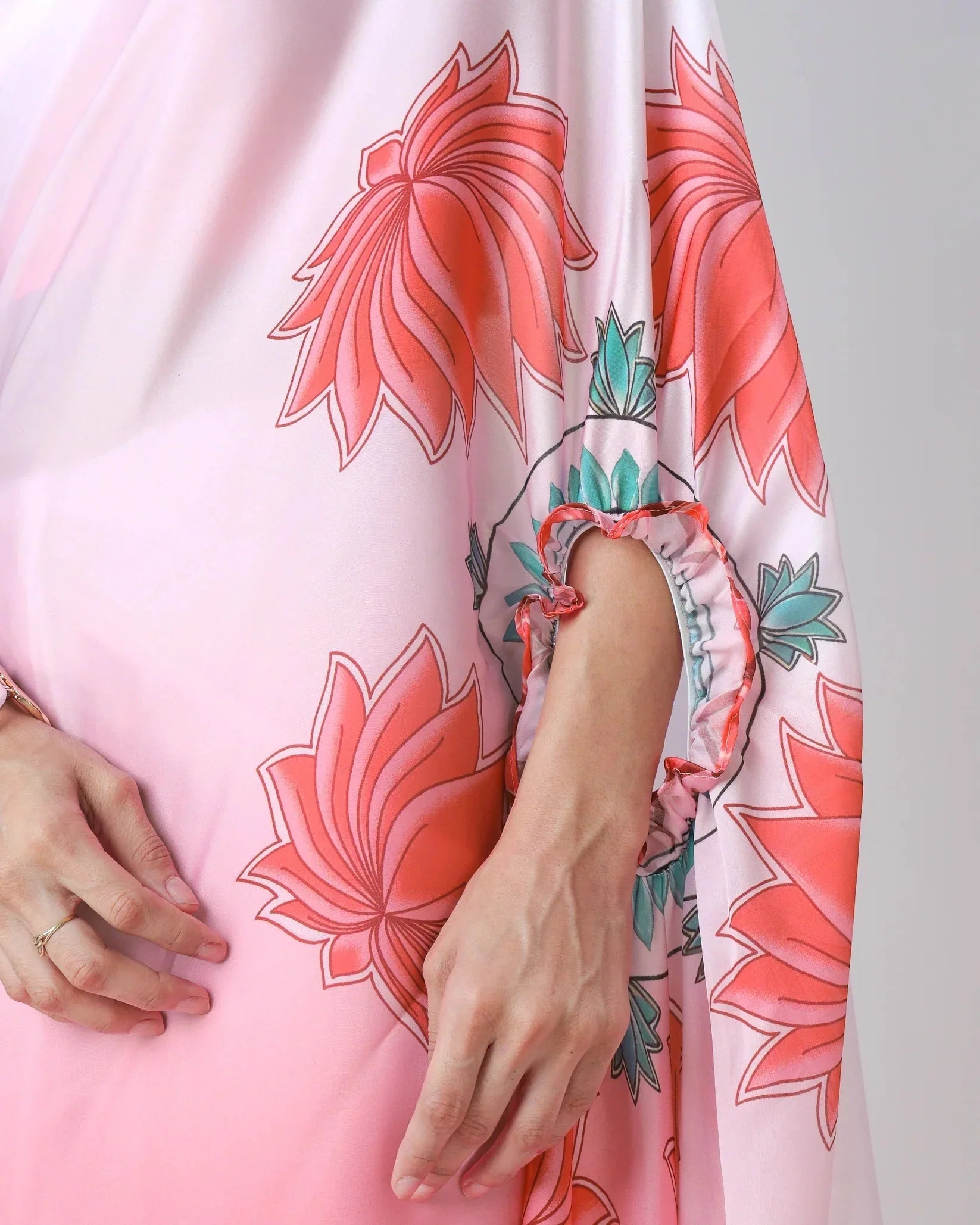 Blush Pink Ombre Freehand Floral Print Saree in Georgette Satin – Ready to Wear Designer Elegance