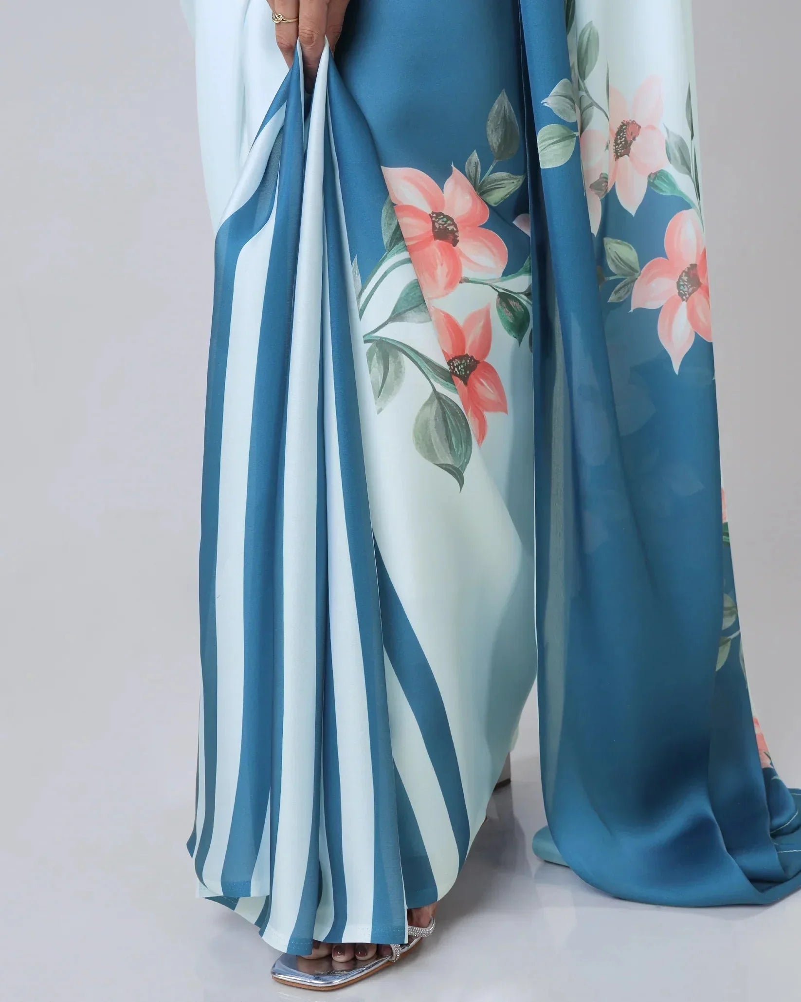 Icy Blue Designer Freehand Saree with Navy Starburst & Floral Print in Georgette Satin – Ready to Wear