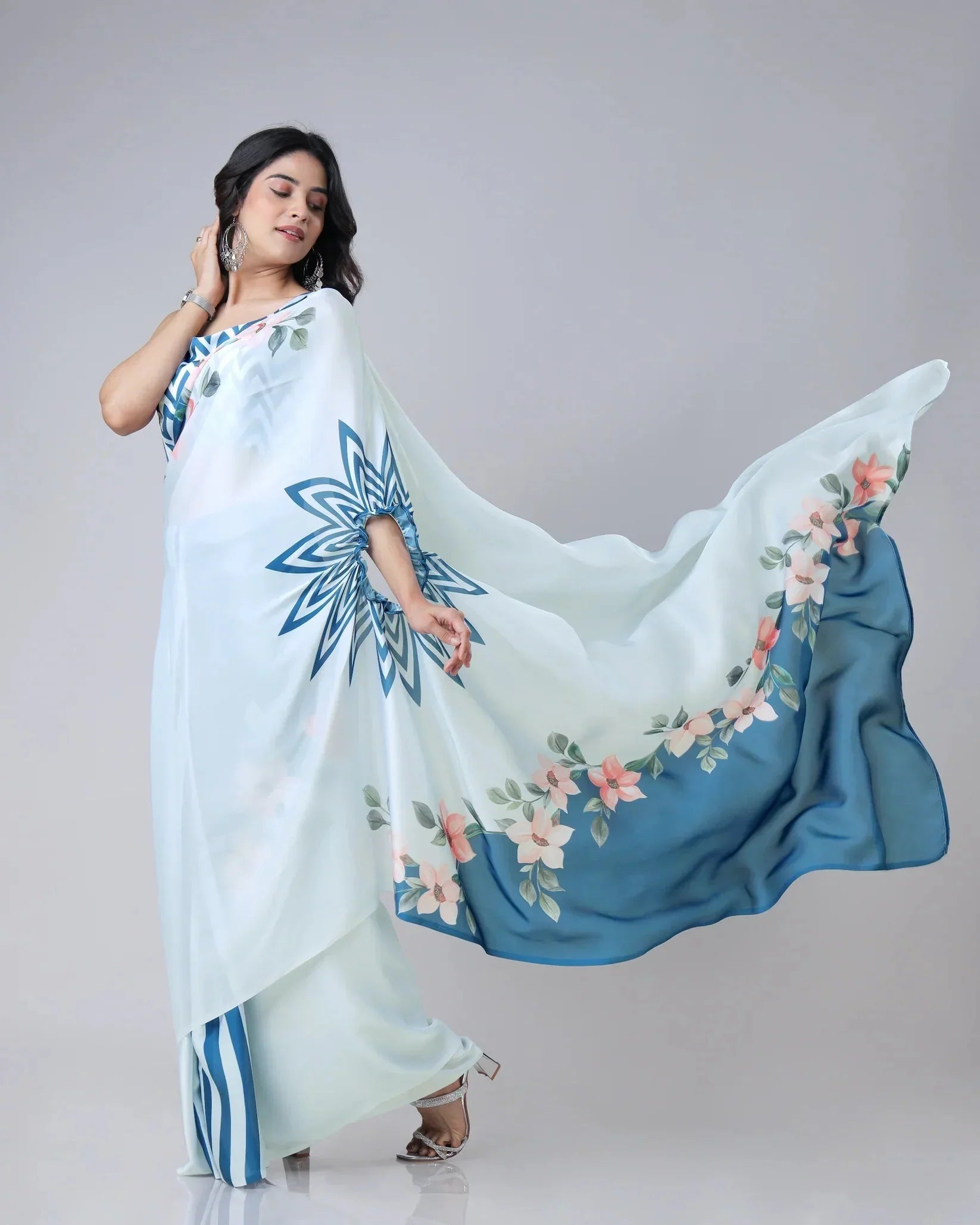 Icy Blue Designer Freehand Saree with Navy Starburst & Floral Print in Georgette Satin – Ready to Wear