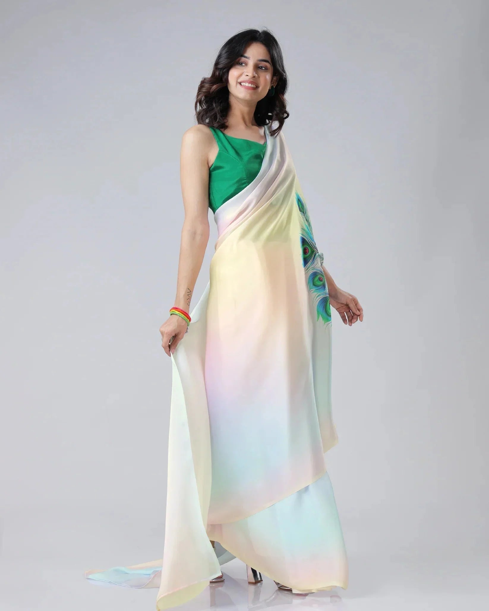 Pastel Rainbow Freehand Saree with Peacock Feather Print in Georgette Satin – Ready to Wear Designer Drape