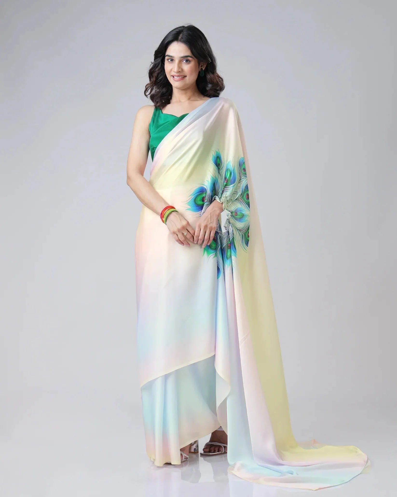 Pastel Rainbow Freehand Saree with Peacock Feather Print in Georgette Satin – Ready to Wear Designer Drape